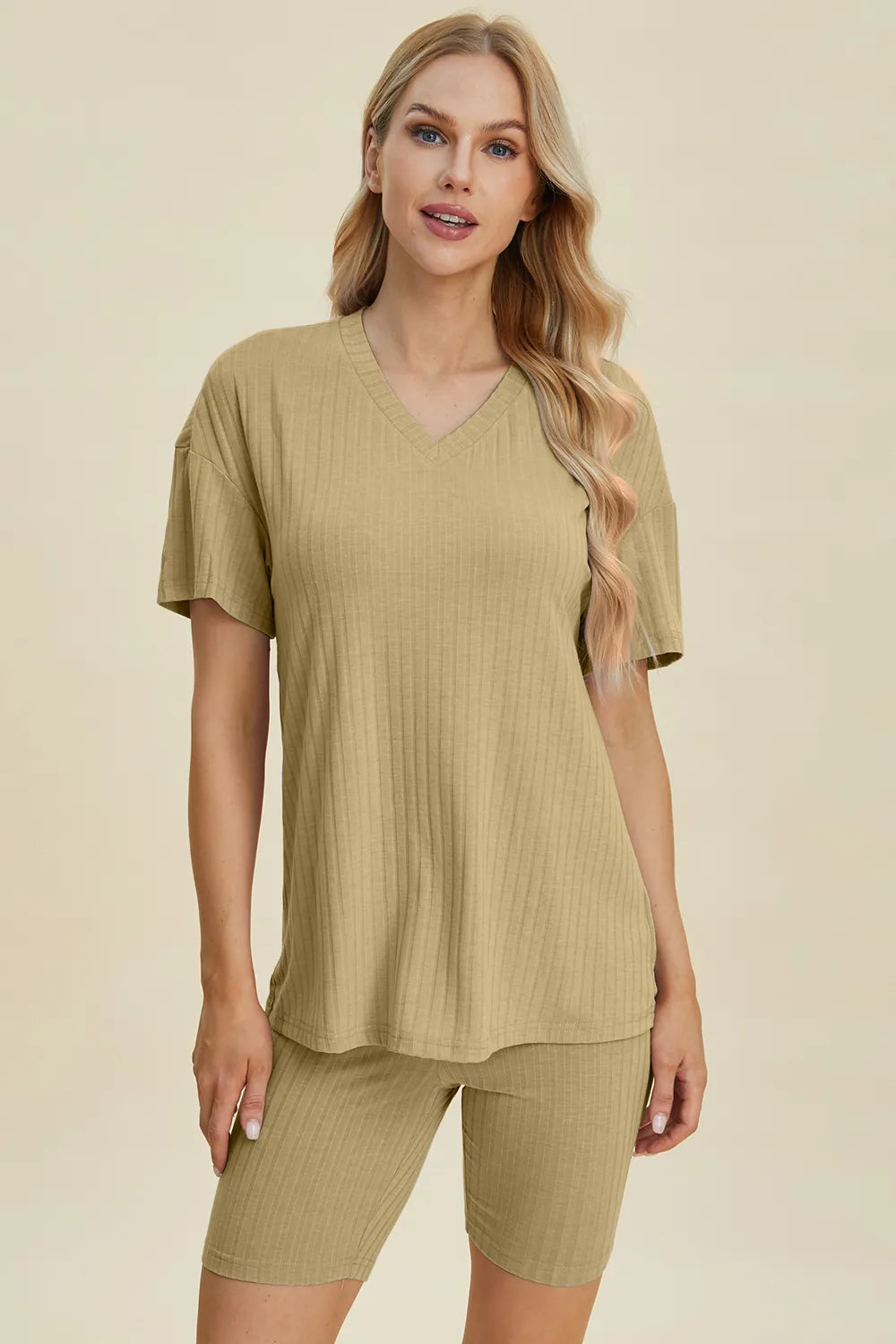 Basic Bae Full Size Ribbed V-Neck Short Sleeve Top and Shorts Set – view 7 | Lola Mariee