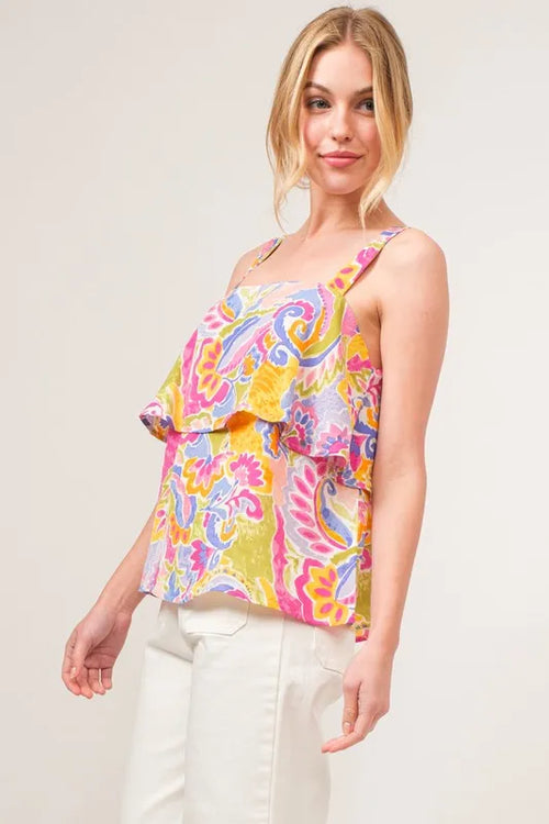 And The Why Square Neck Tiered Paisley Printed Top – view 2 | Lola Mariee