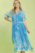 Umgee Floral Print Tie Waist Midi Dress with Side Pockets - Trendsi | Lola Mariee