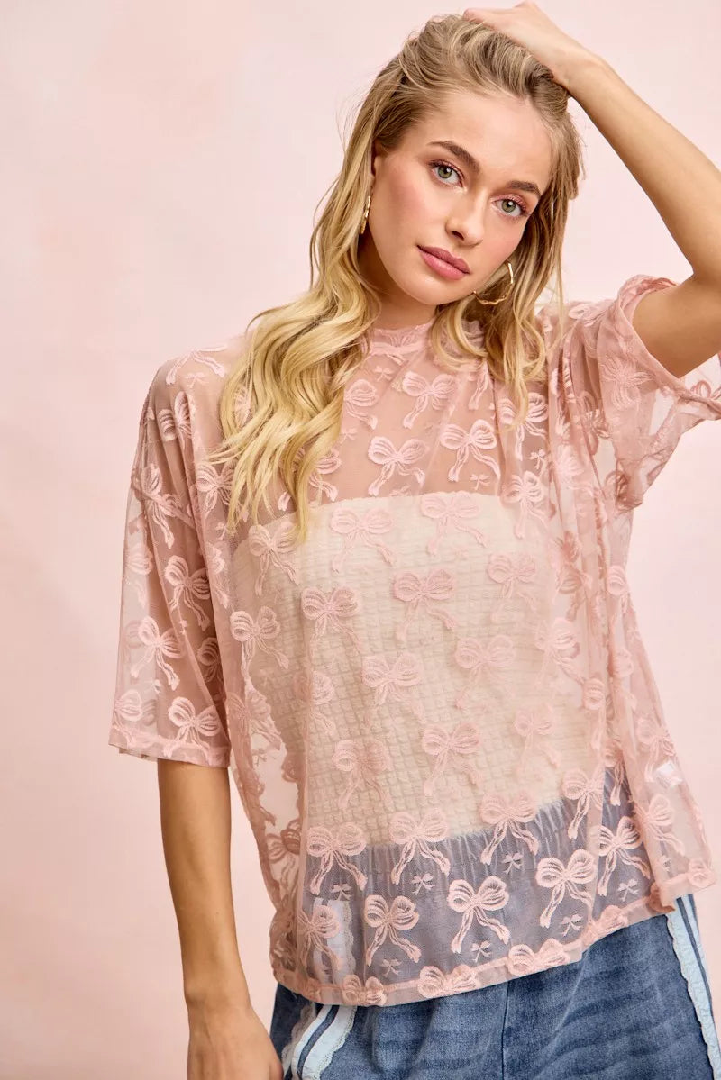 BiBi Bow Pattern Short Sleeves Boxy Mesh Top - Trendsi | Lola Mariee