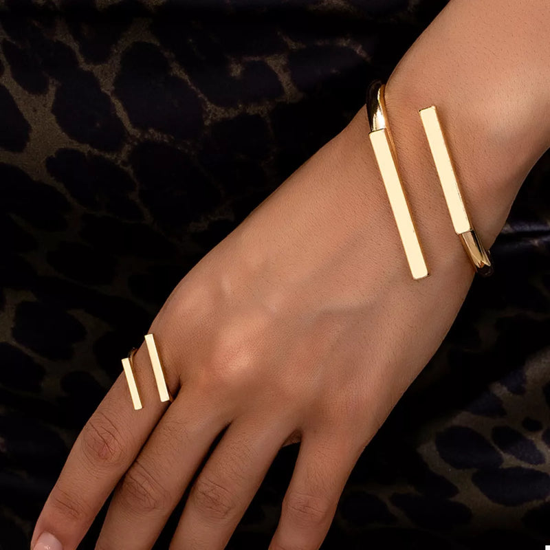 Adjustable 18K Gold-Plated Modern Bar Bracelet and Ring Jewelry Set | Lola Mariee