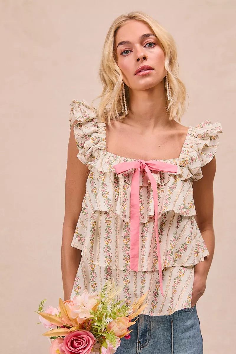 BiBi Floral Printed Woven Front Bow Tied Ruffled Square Neck Sleeveless Top - Trendsi | Lola Mariee