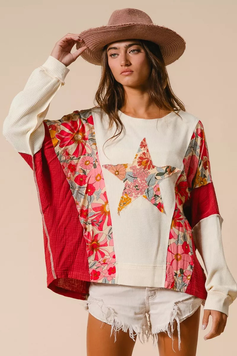 BiBi Floral Print Mixed Star Patch Round Neck Sweatshirt - Trendsi | Lola Mariee