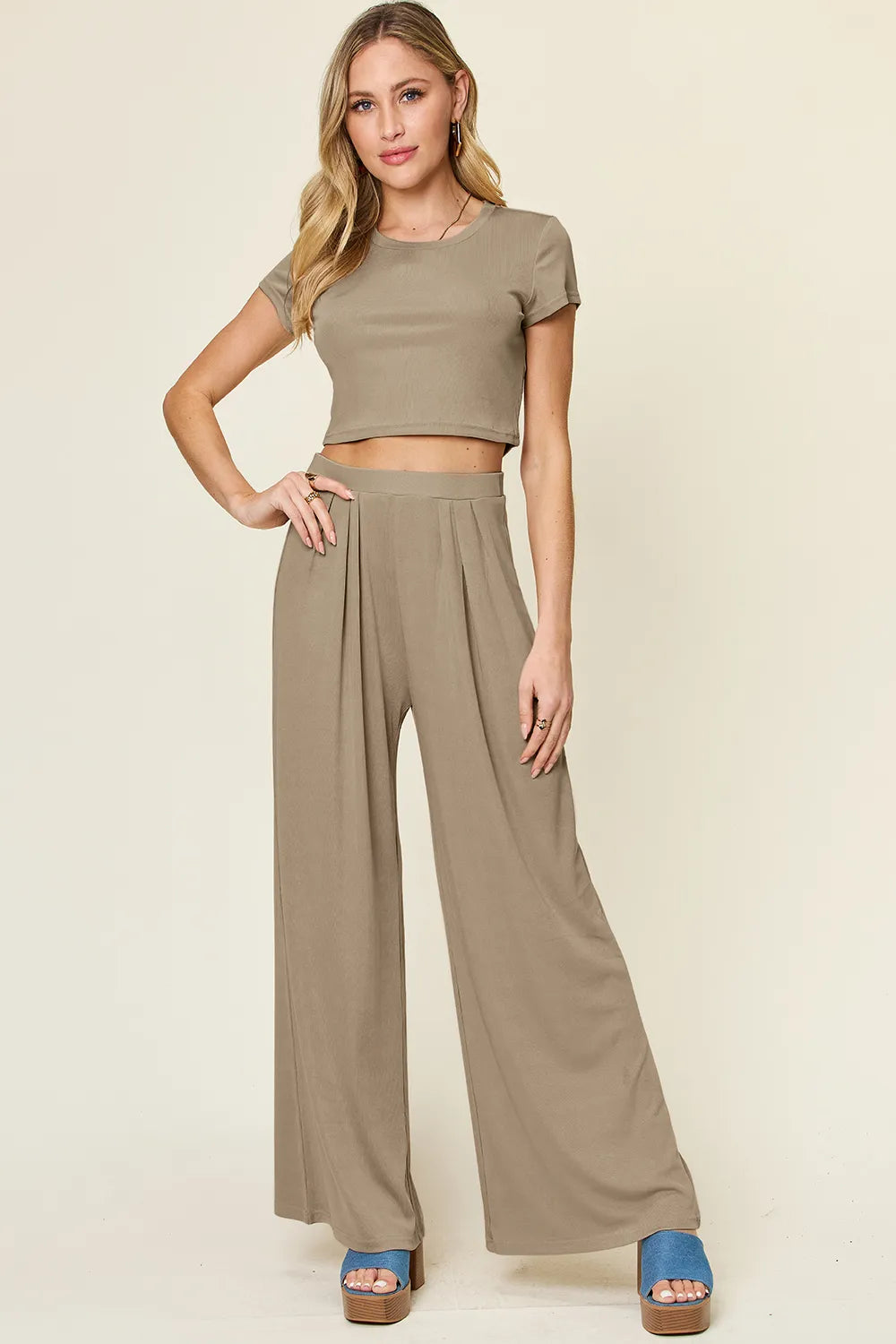Double Take Full Size Round Neck Top and Pants Set – view 4 | Lola Mariee