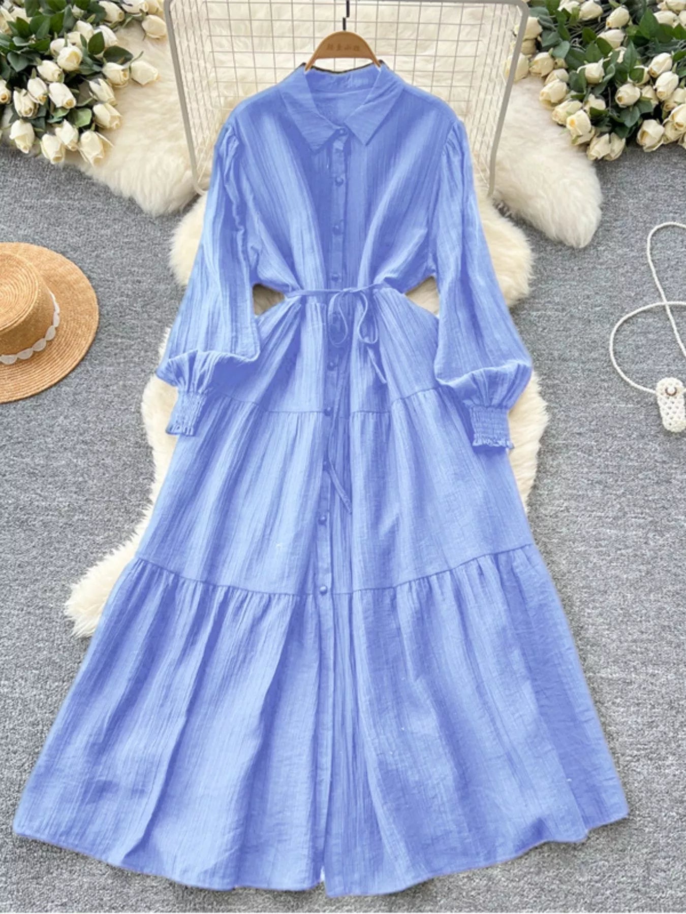 Button Down Tiered Long Sleeve Dress – view 8 | Lola Mariee