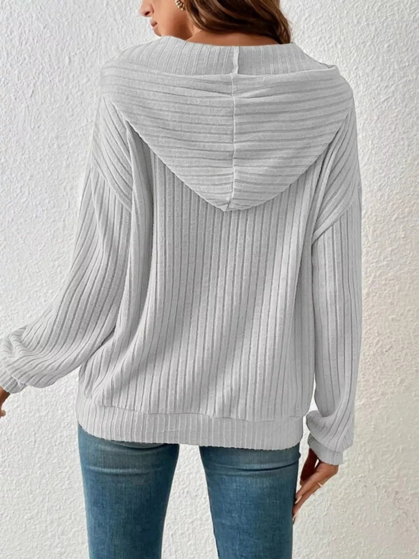 Casual Ribbed Knit Drawstring Hoodie - Trendsi | Lola Mariee