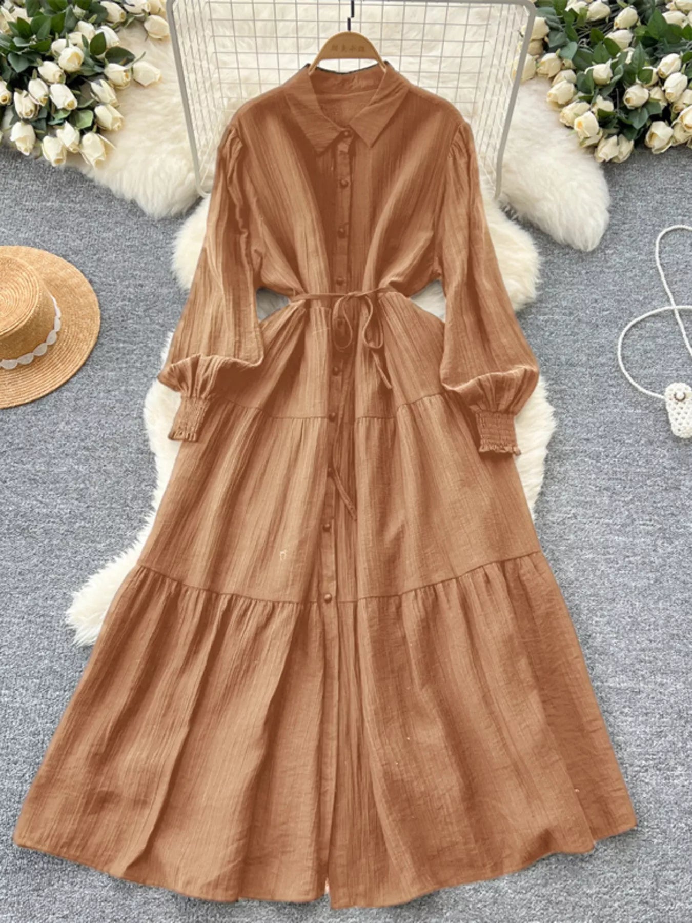 Button Down Tiered Long Sleeve Dress - Trendsi | Lola Mariee
