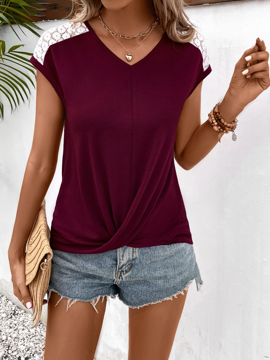 Ivy Lane Spliced Lace V-Neck Twisted Hem Tee - Trendsi | Lola Mariee
