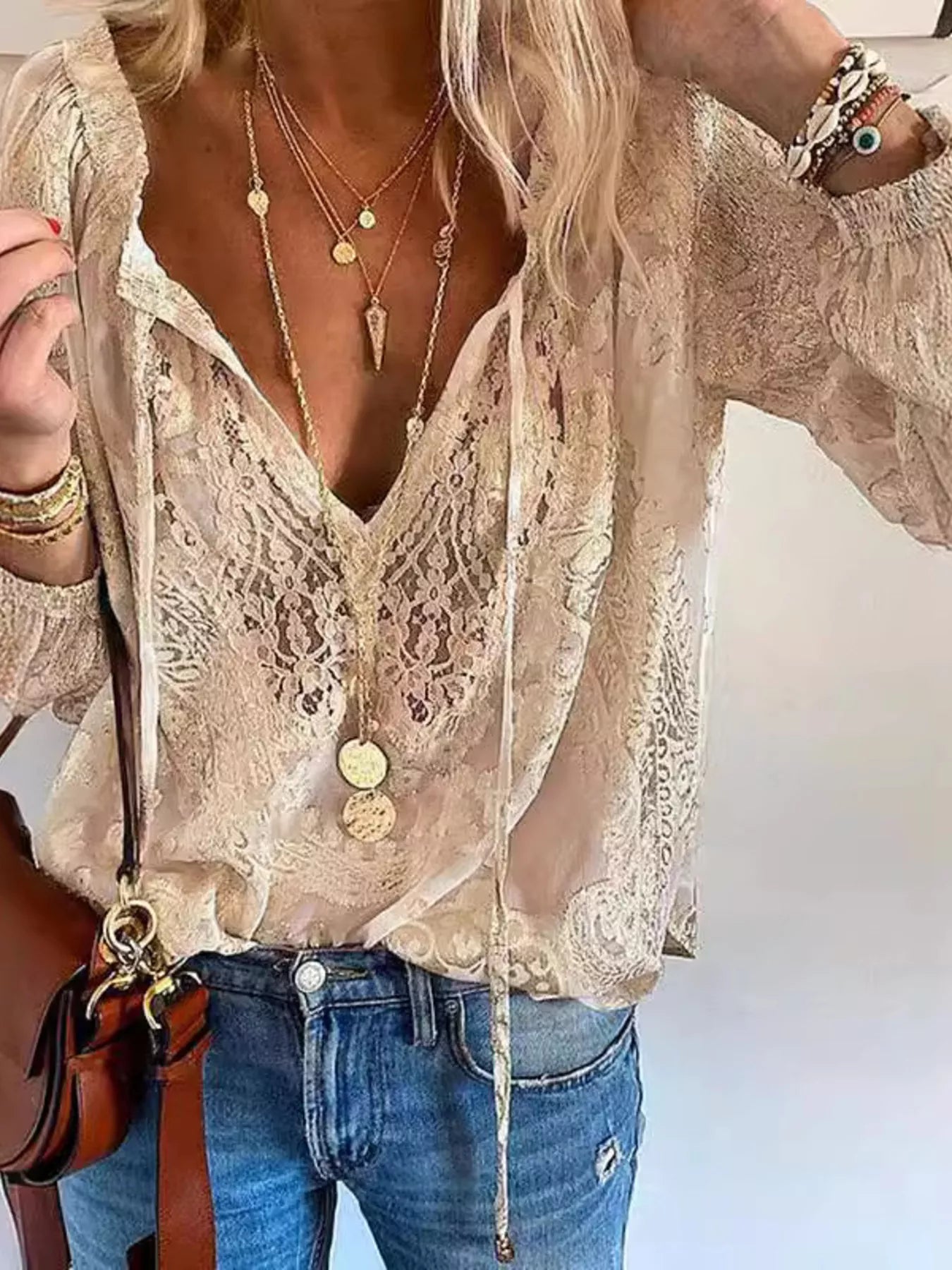 Lace Tie-Neck Blouse – view 9 | Lola Mariee