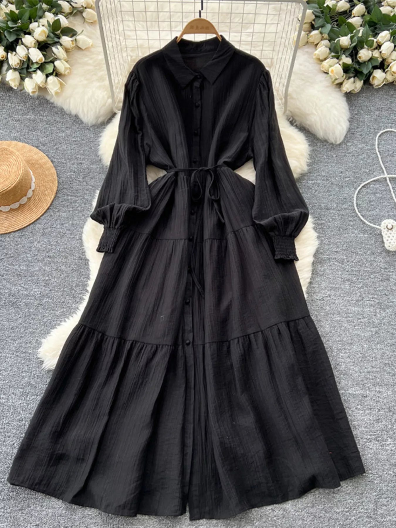 Button Down Tiered Long Sleeve Dress – view 5 | Lola Mariee