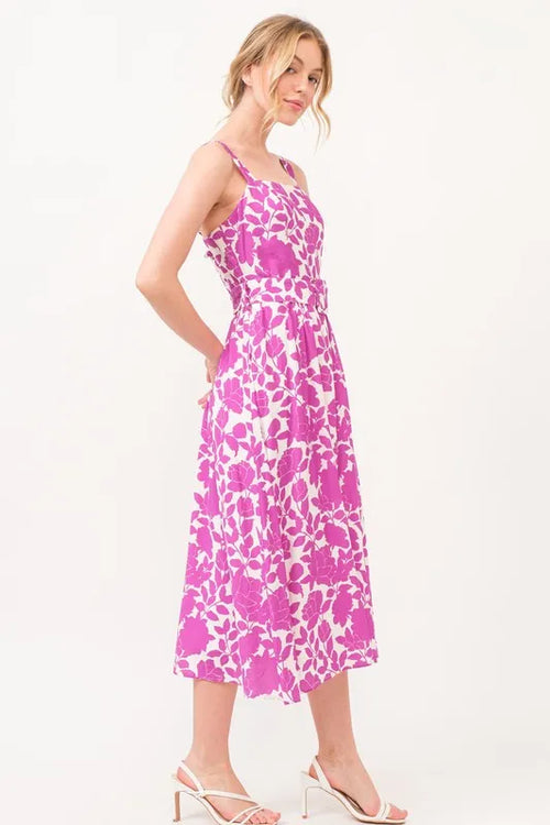And The Why Square Neck Belted Floral Printed Midi Dress – view 2 | Lola Mariee
