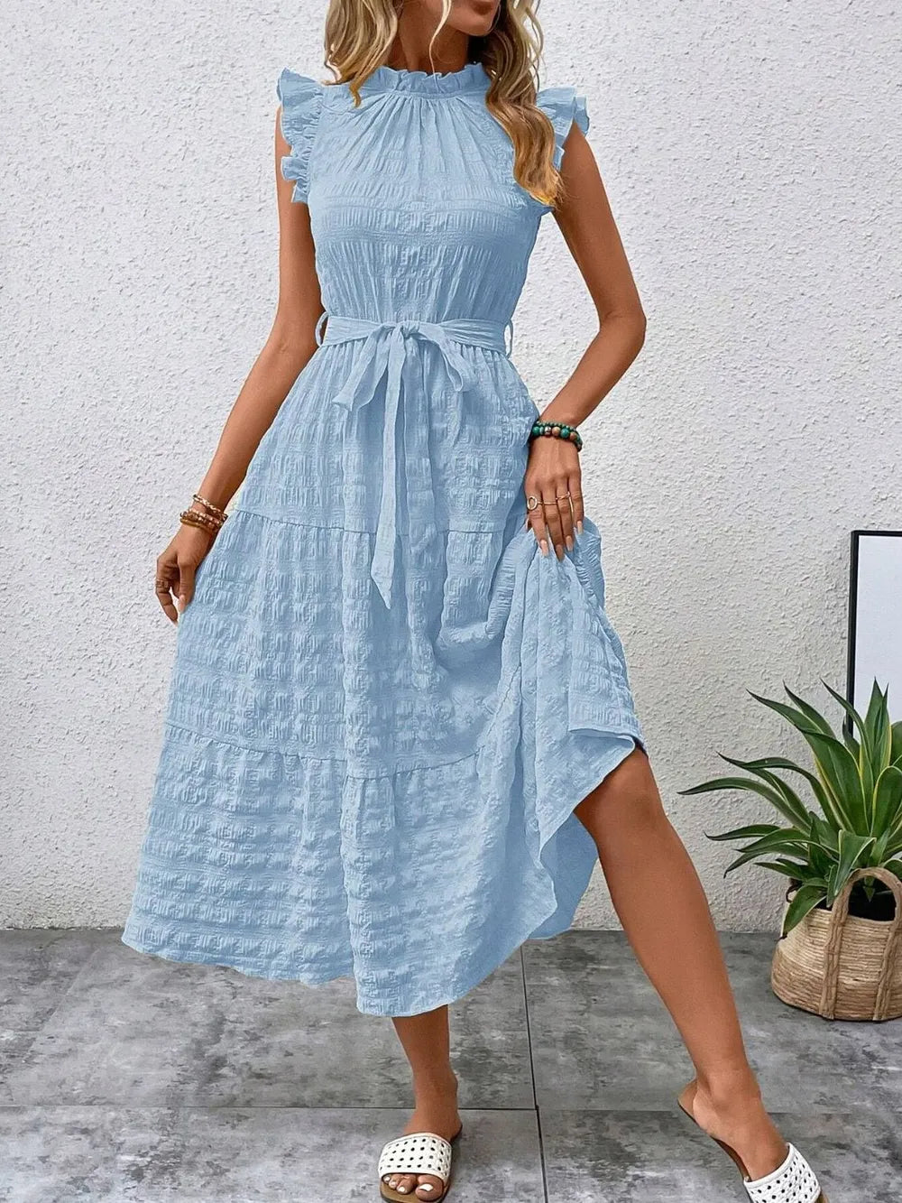 Tied Ruffled Cap Sleeve Midi Dress – view 5 | Lola Mariee