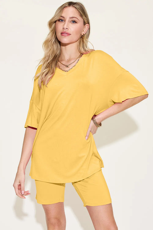Basic Bae Bamboo Full Size V-Neck Drop Shoulder T-Shirt and Shorts Set | Lola Mariee