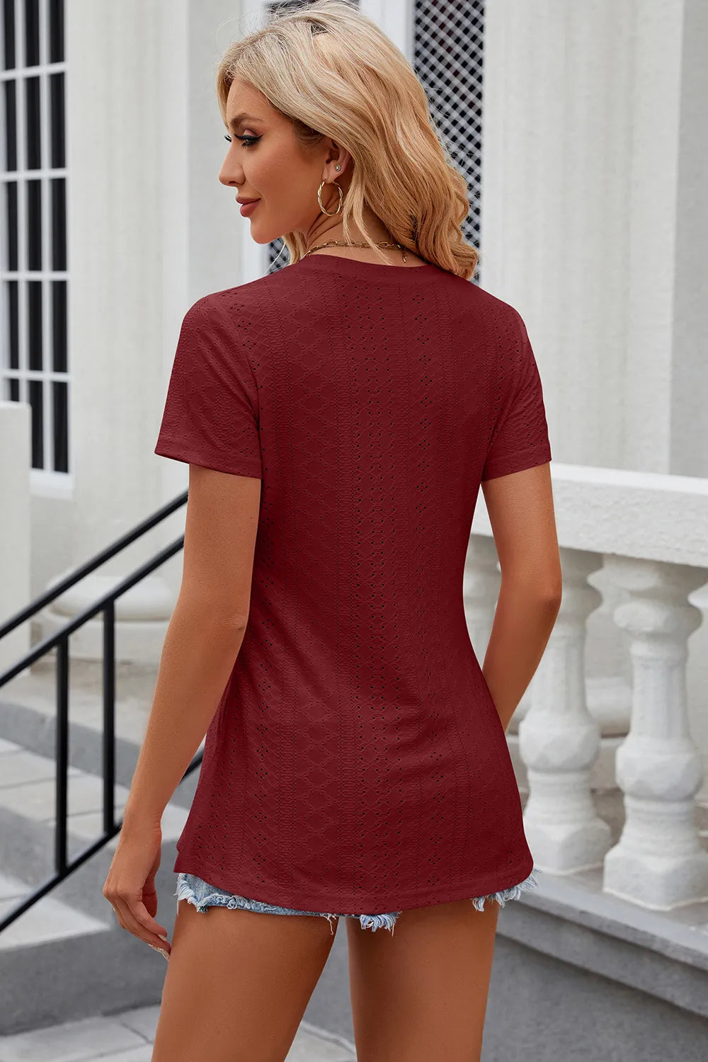 Eyelet Slit Round Neck Short Sleeve T-Shirt - Trendsi | Lola Mariee