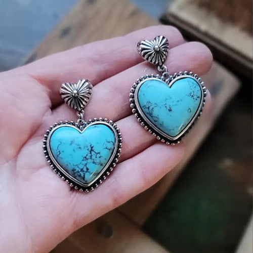 Artificial Turquoise Alloy Heart Dangle Earrings – view 2 | Lola Mariee