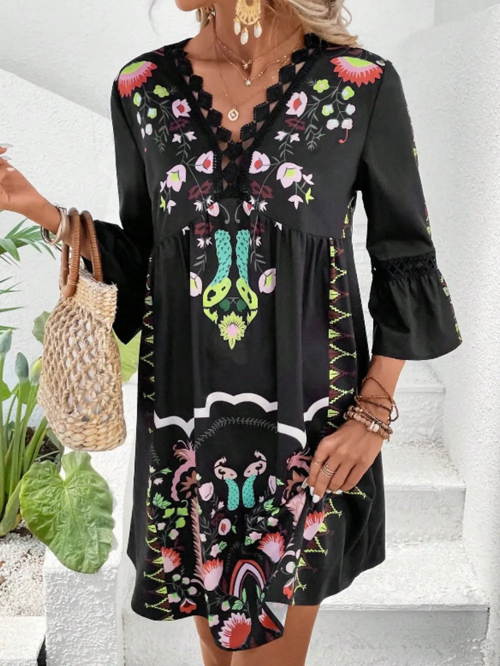 Lace Detail Printed Three-Quarter Sleeve Dress – view 8 | Lola Mariee