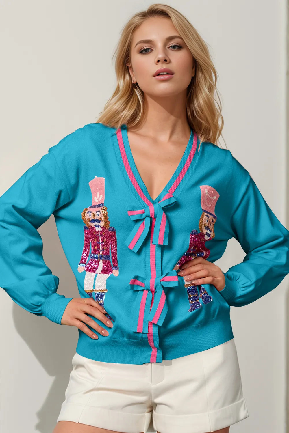 Double Take Full Size Nutcracker Sequin Bow Decor Cardigan – view 3 | Lola Mariee