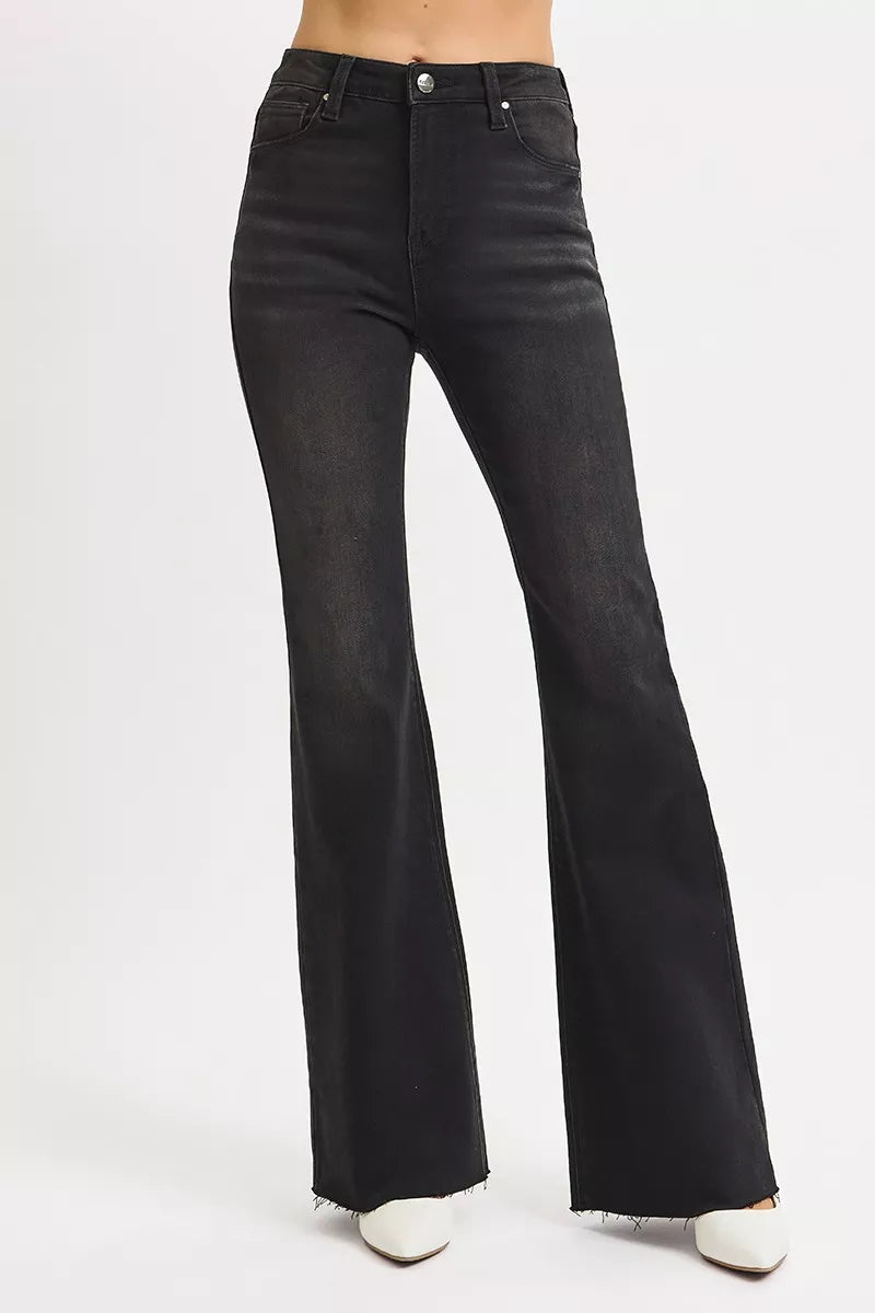 RISEN Full Size High Rise Flare Raw Cut Hem Jeans Plus Size - women's bottoms at Lola Mariee boutique