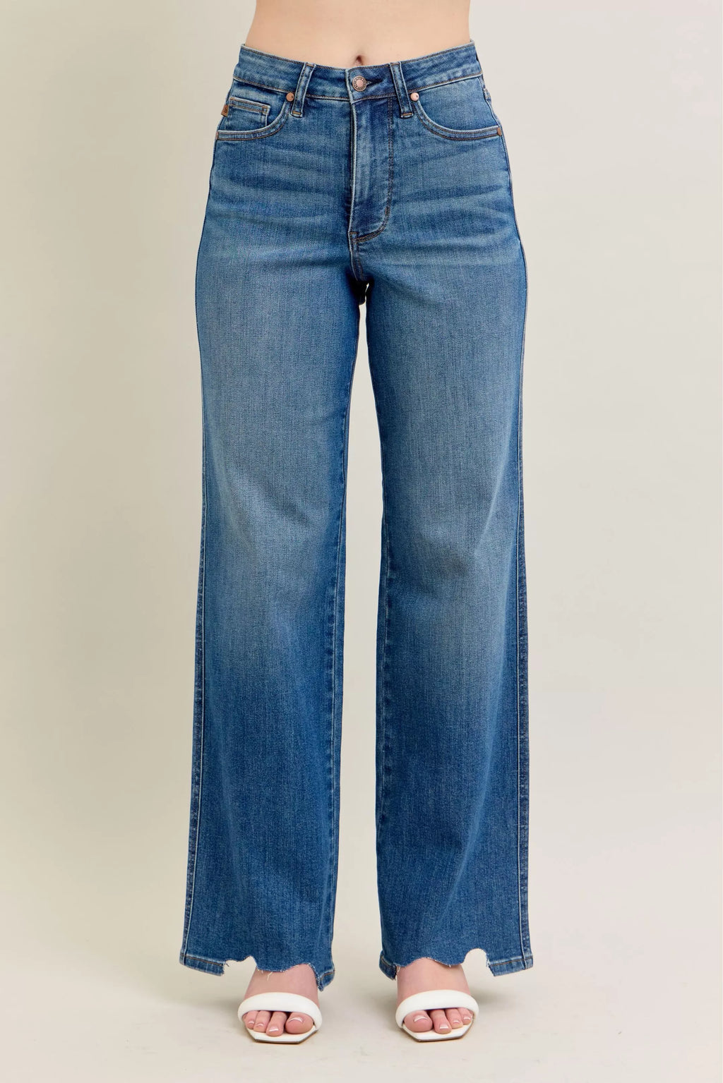 Judy Blue Full Size High Waist Tummy Control Chew Hem Destroy Wide Jeans Plus Size - women's bottoms at Lola Mariee boutique
