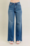 Judy Blue Full Size High Waist Tummy Control Chew Hem Destroy Wide Jeans Plus Size - women's bottoms at Lola Mariee boutique