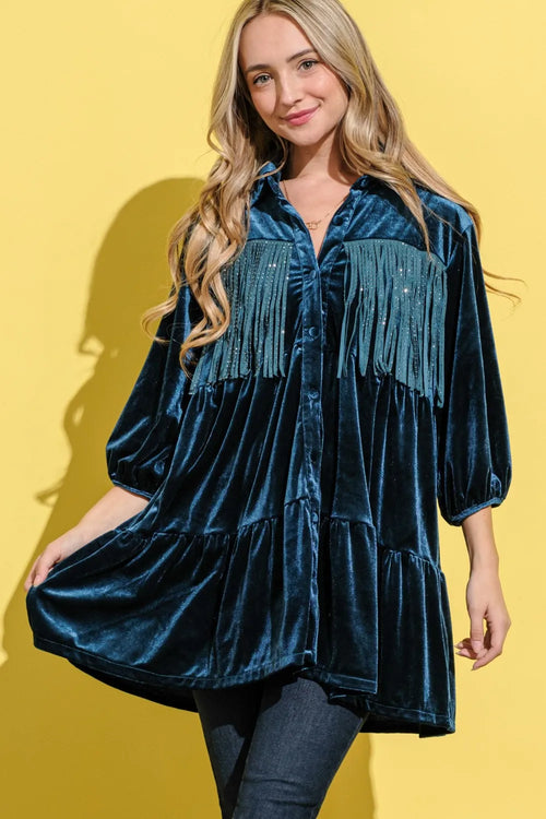 And The Why Fringe Detailed Velvet Shirt Dress | Lola Mariee