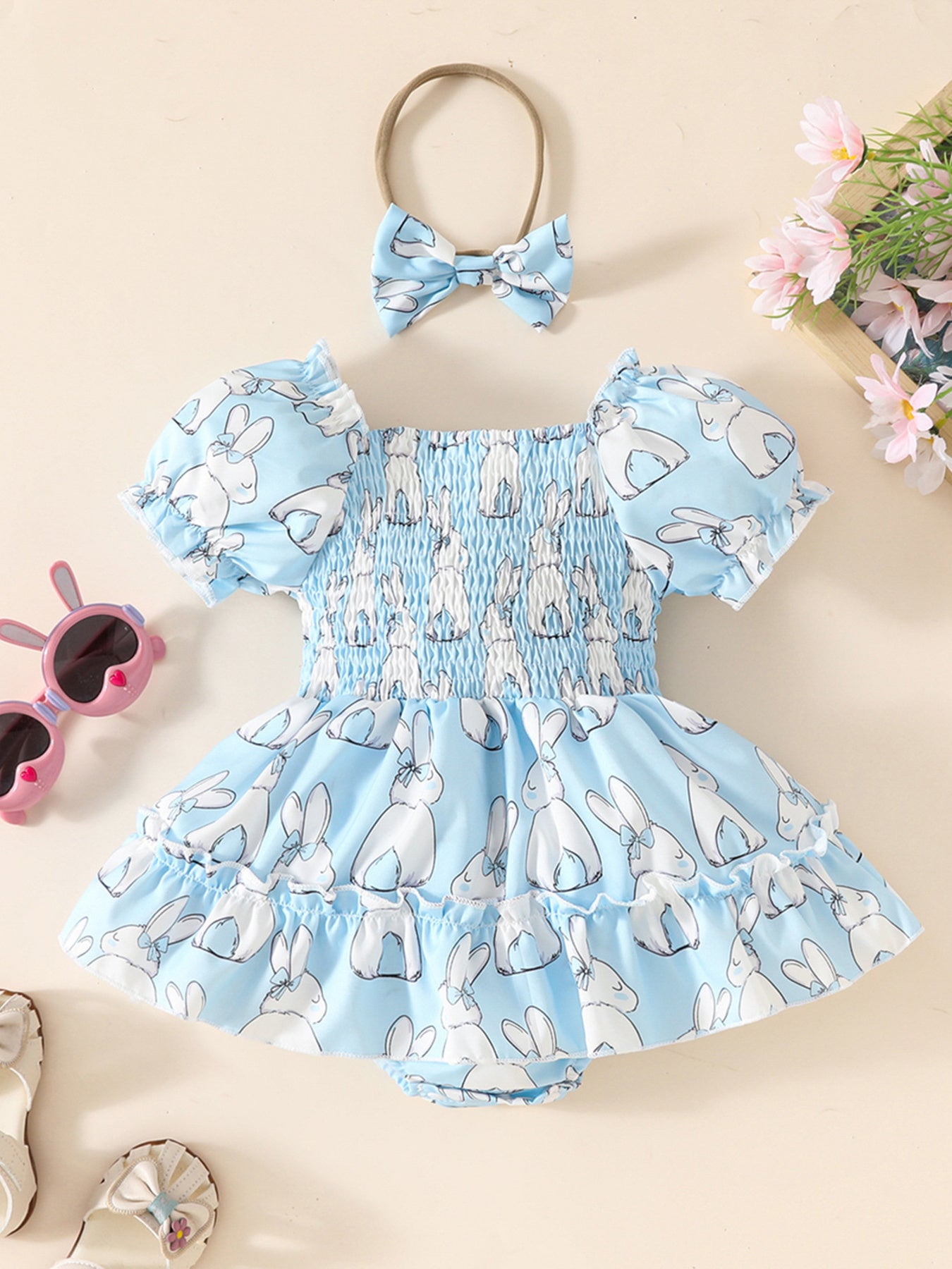 Children's Bunny Print Smocked Dress & Headband Set – view 9 | Lola Mariee