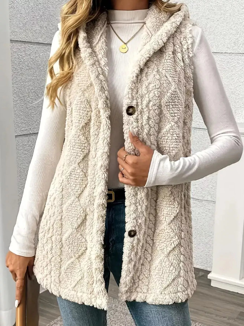 Button-Down Sherpa Hooded Vest Coat - women's jacket at Lola Mariee boutique