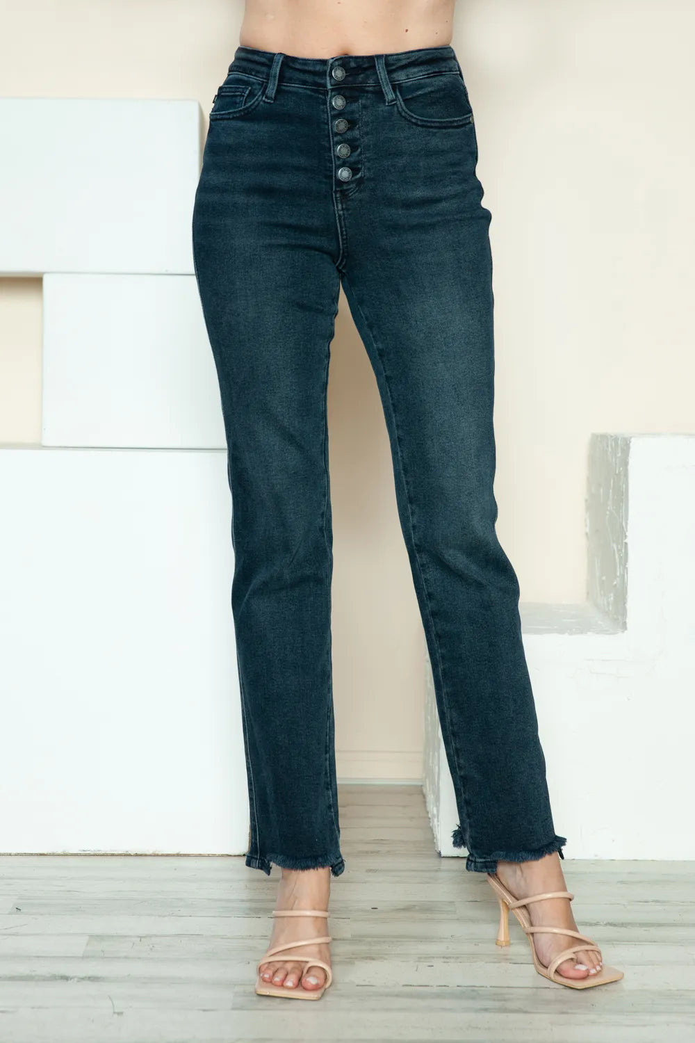 Judy Blue Full Size Button Fly Hem Destroy Straight Jeans - women's bottoms at Lola Mariee boutique