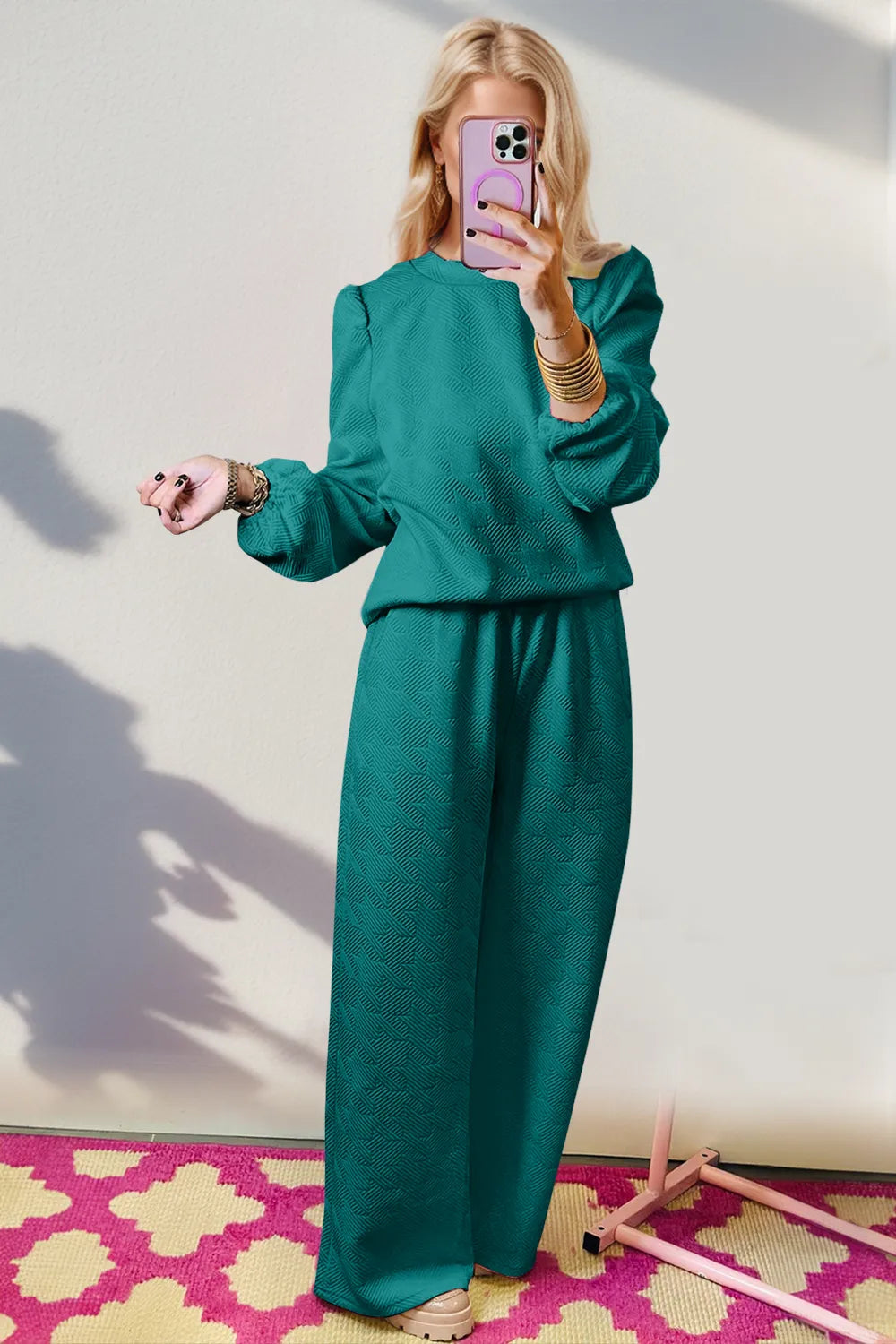 Double Take Texture Long Sleeve Top and Wide Leg Pants Set – view 4 | Lola Mariee