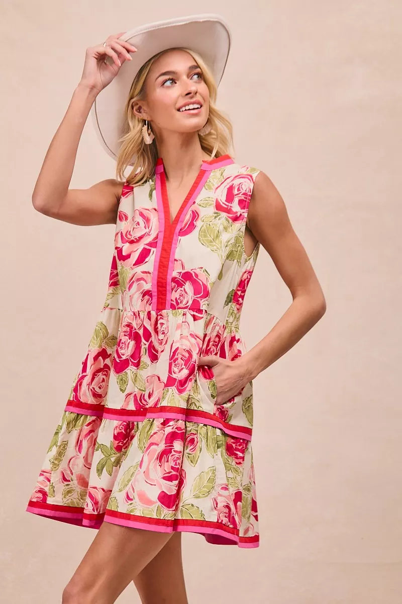 BiBi Floral Woven Contrast Edge Tiered Ruffle Mini Dress – view 8 | Lola Mariee