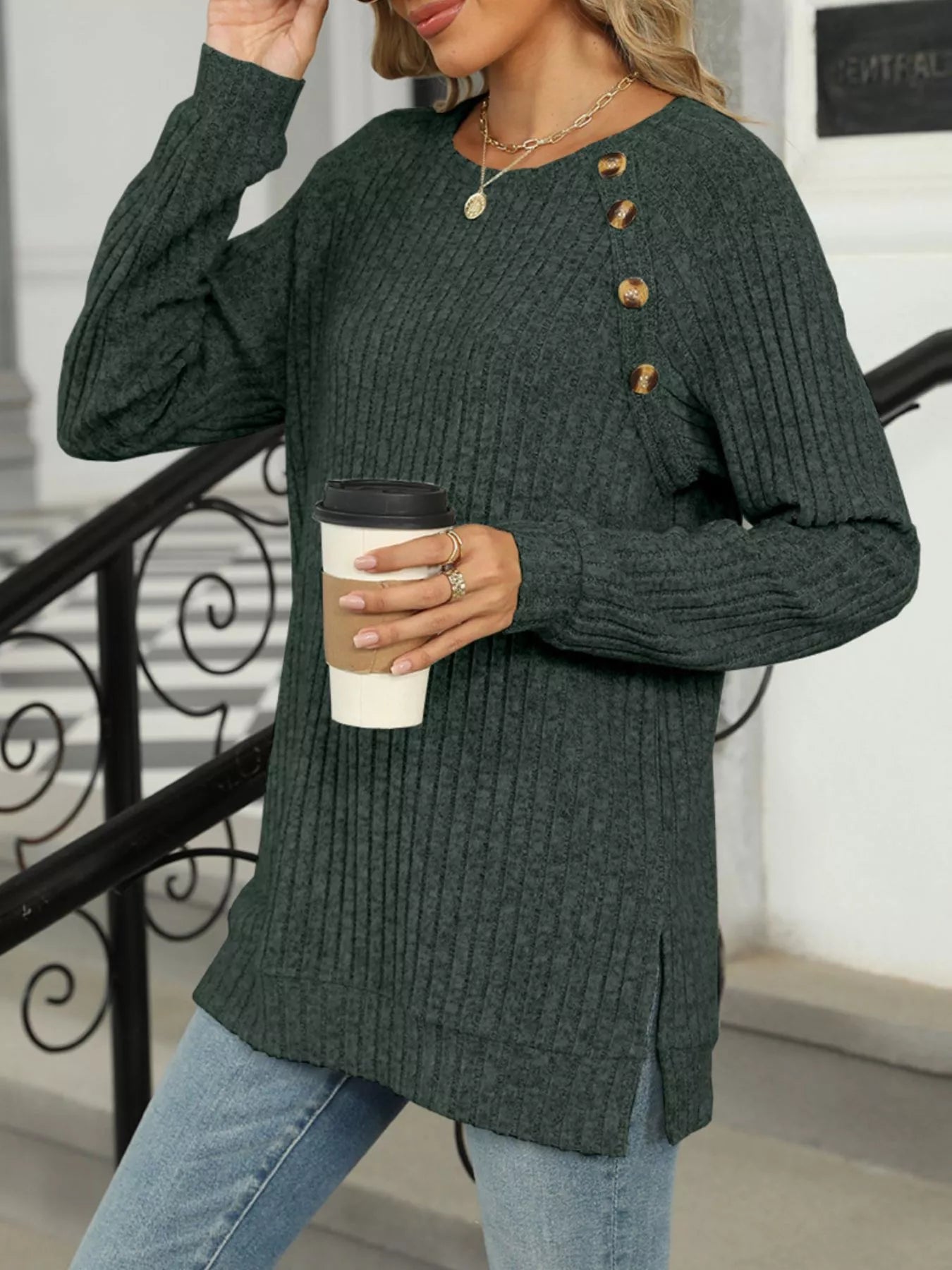 Round Neck Side Slit Ribbed Knit Top with Asymmetric Button Detail - Trendsi | Lola Mariee