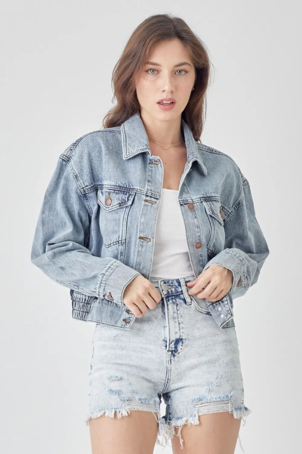 RISEN Full Size Button Down Cropped Denim Jacket - LOLA MARIEE | Lola Mariee