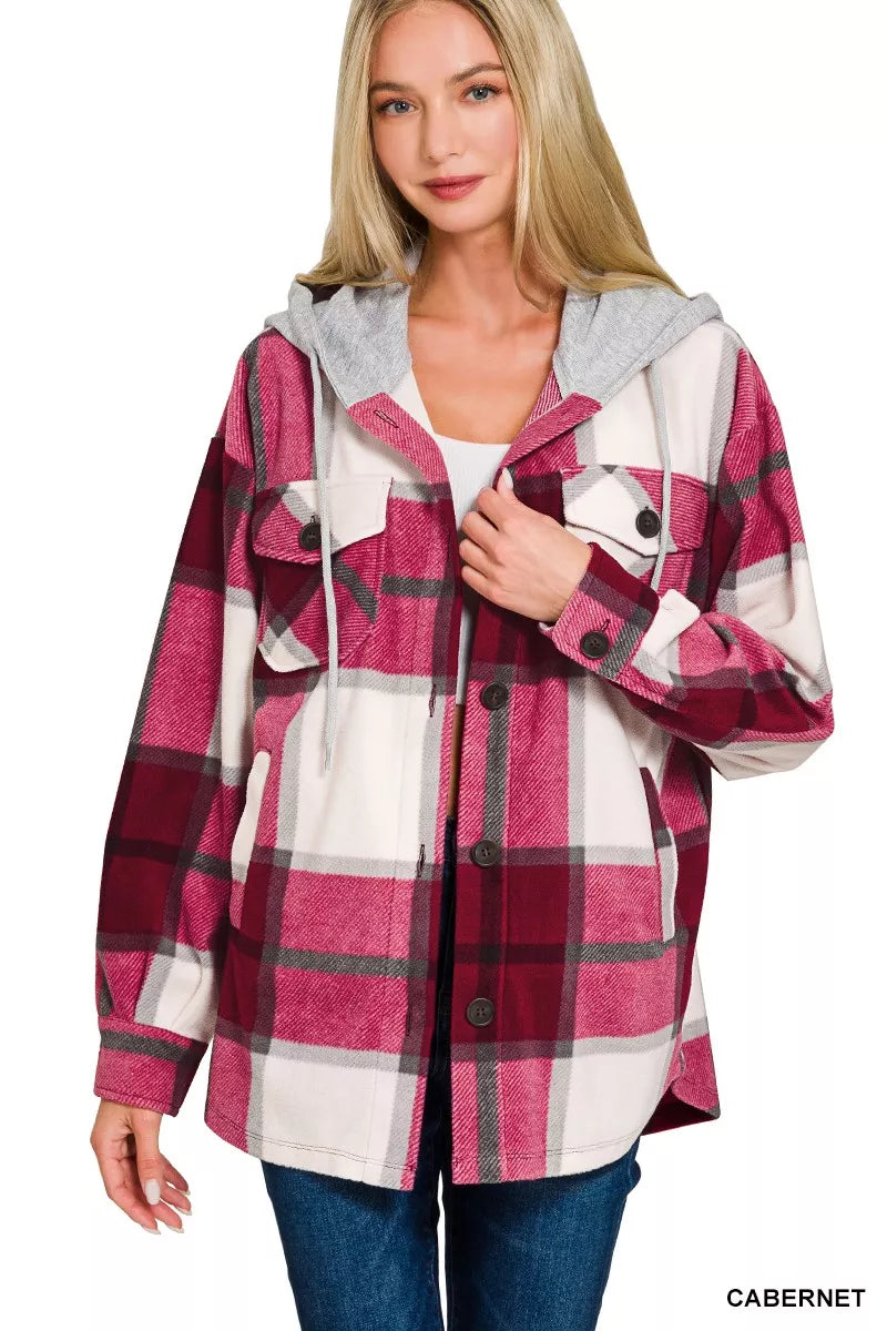 Zenana Plaid Drawstring Hooded Fleece Shacket | Lola Mariee