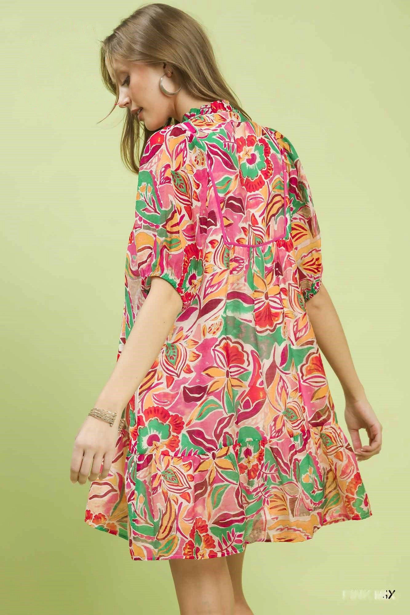 Umgee Abstract Print V-Neck Baby Doll Dress - Trendsi | Lola Mariee