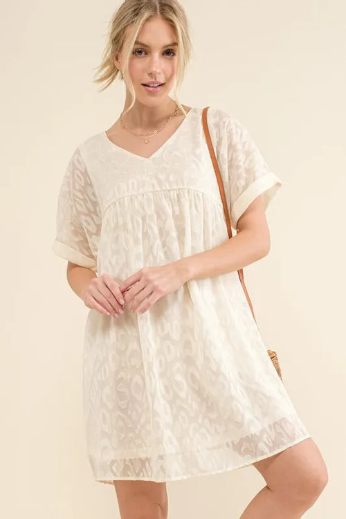 And The Why Woven Leopard Baby Doll Roll-Sleeve Casual Dress – view 2 | Lola Mariee