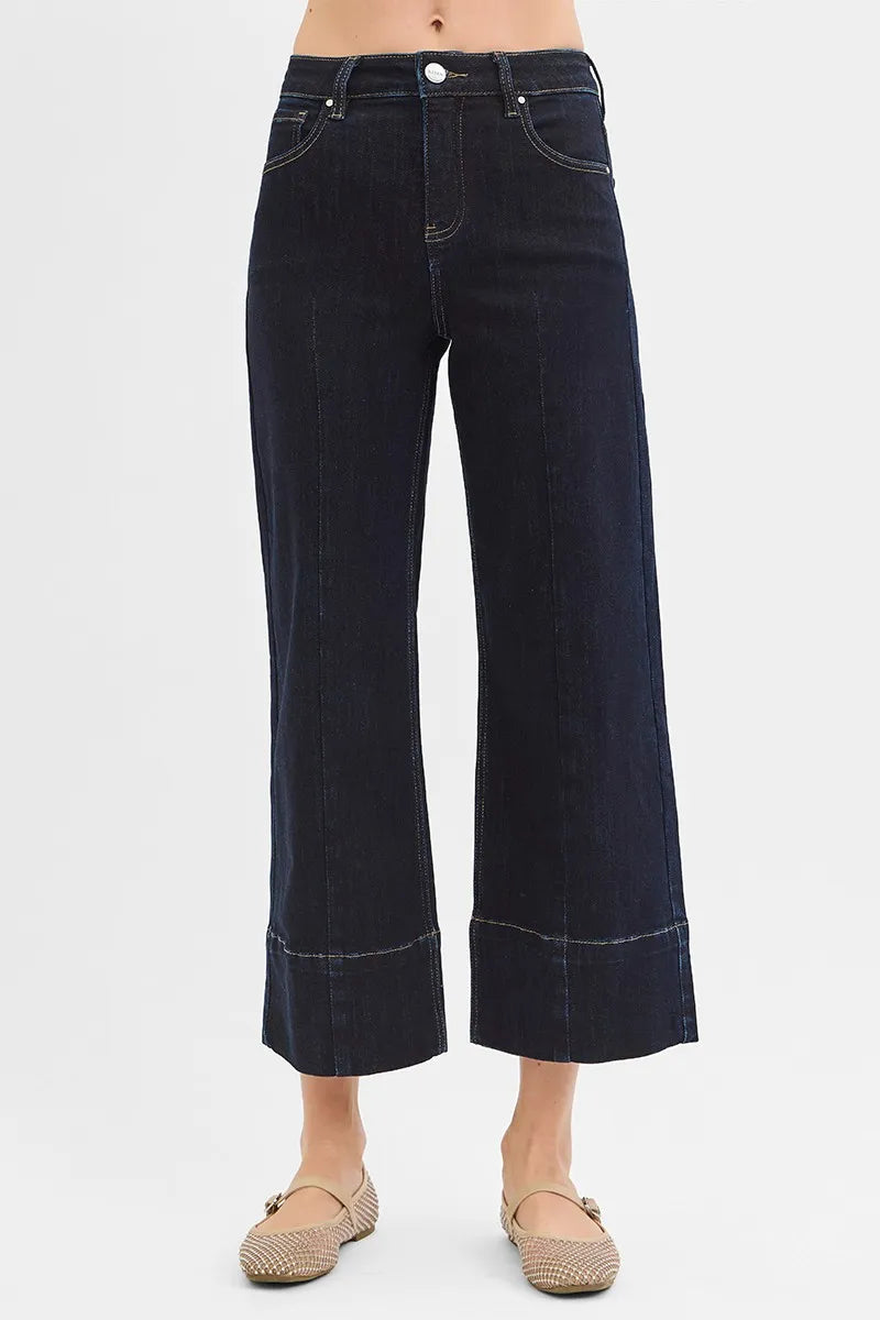 RISEN Tummy Control High Rise Crop Wide Seam Detailed Jeans - women's top at Lola Mariee boutique