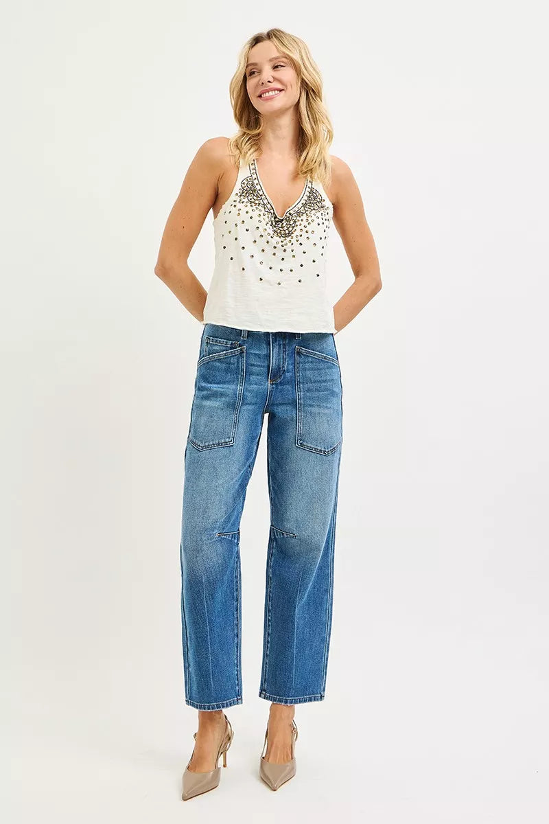 RISEN 4 Way Stretch Mid Rise Barrel Jeans with Patch Pocket Detail - LOLA MARIEE | Lola Mariee