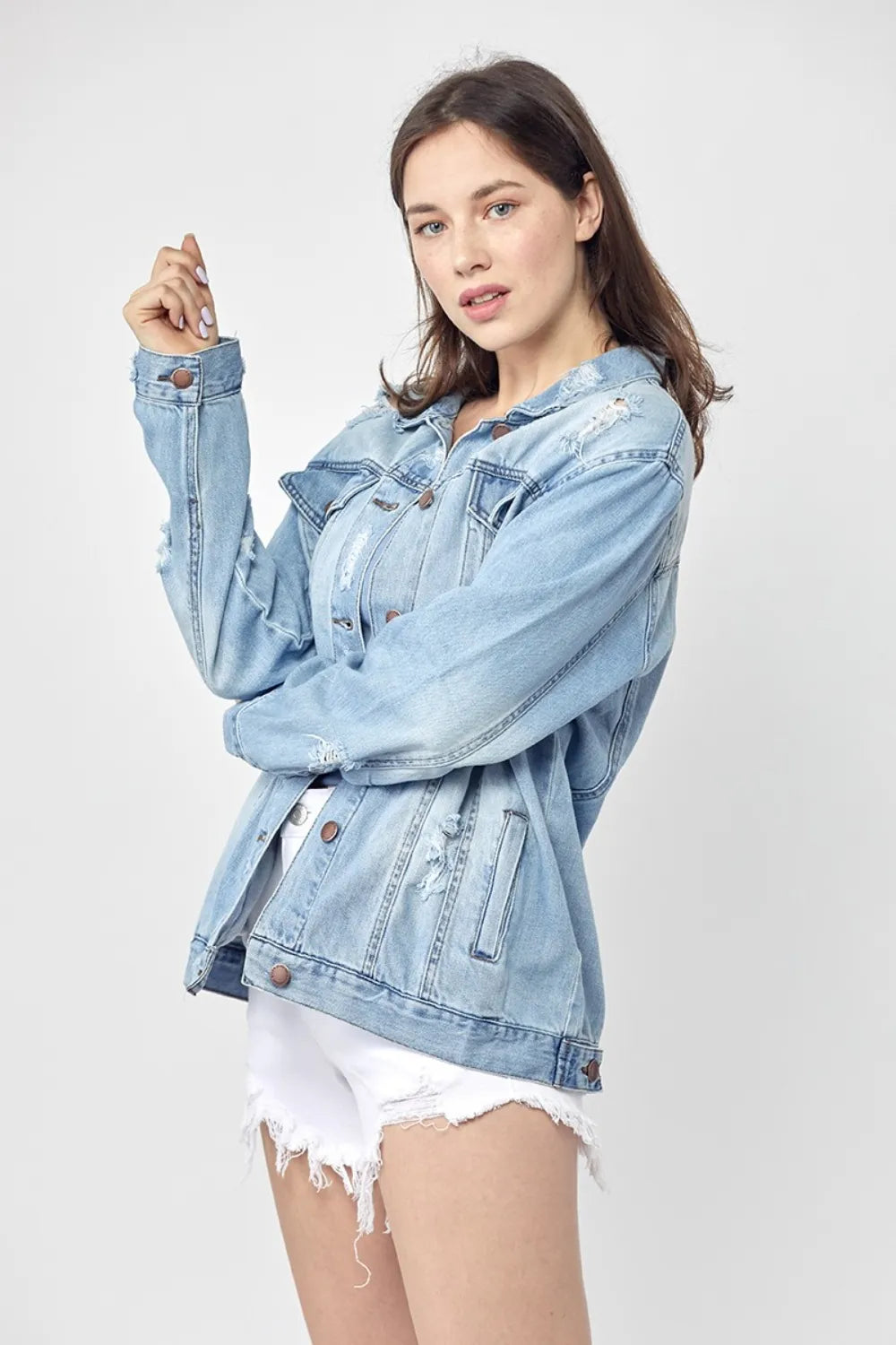 RISEN Full Size Distressed Long Sleeve Denim Jacket Plus Size - LOLA MARIEE | Lola Mariee