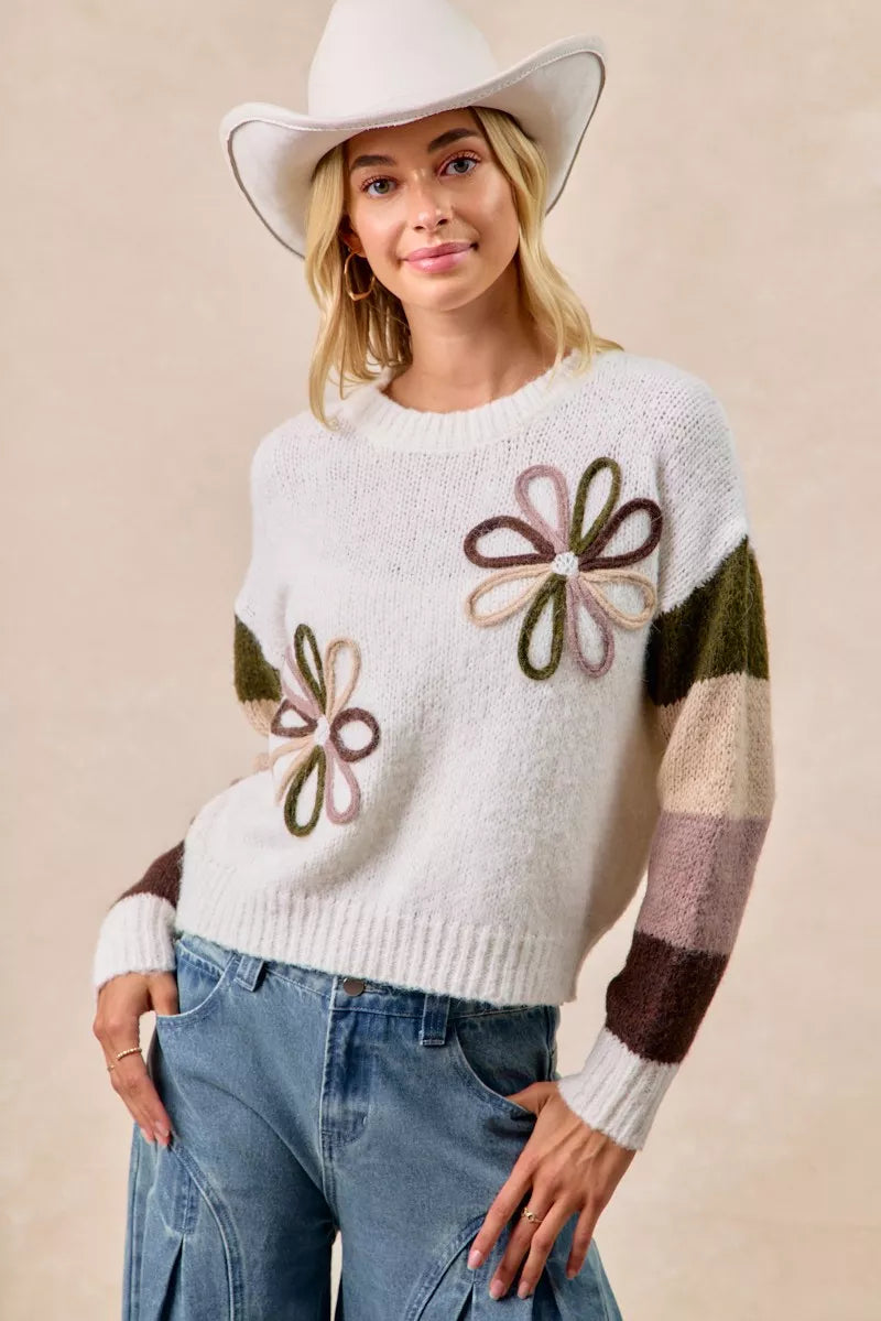 BiBi Flower Color Block Sweater - Trendsi | Lola Mariee