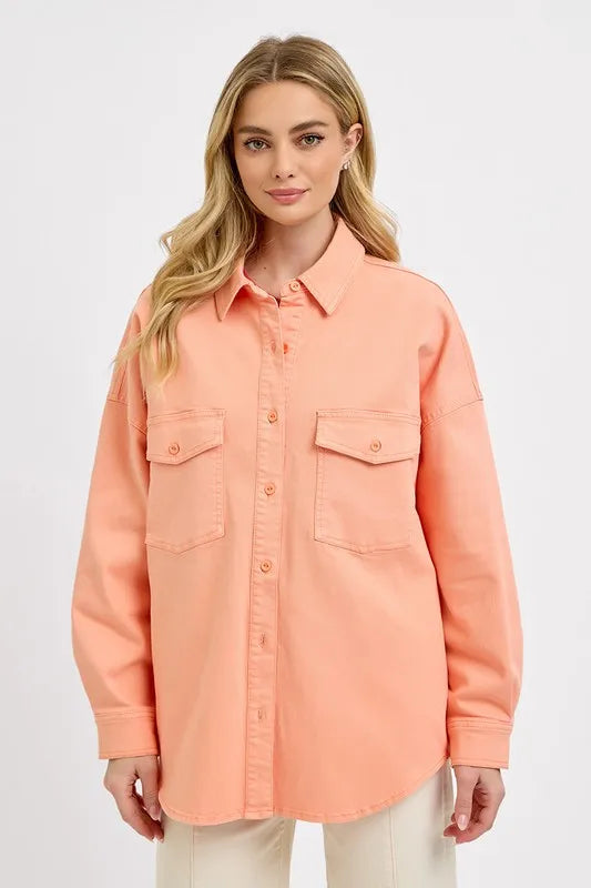 RISEN Full Size Button Down Long Sleeve Denim Shacket with Chest Pockets Plus Size - LOLA MARIEE | Lola Mariee