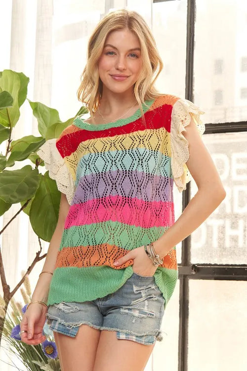 ADORA Eyelet Sleeve Multi Color Crochet Top – view 2 | Lola Mariee