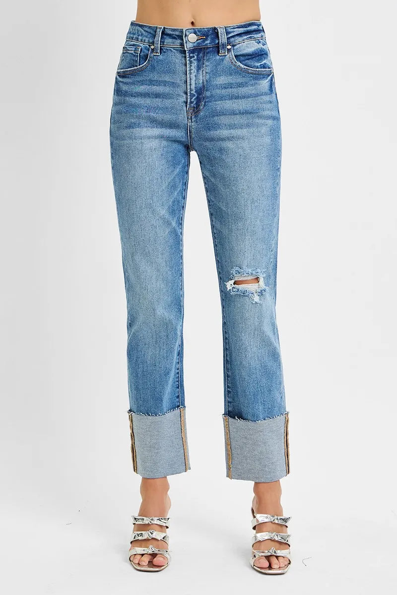 RISEN Full Size High Rise Ankle Straight Wide Cuffed Jeans Plus Size - women's bottoms at Lola Mariee boutique