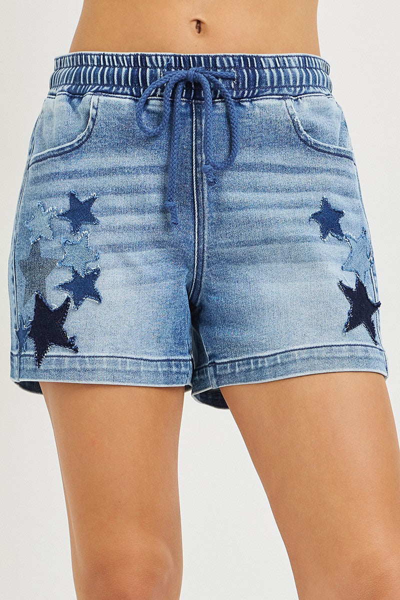 RISEN Elastic Band Slouchy Denim Shorts with Star Patched Details – view 7 | Lola Mariee