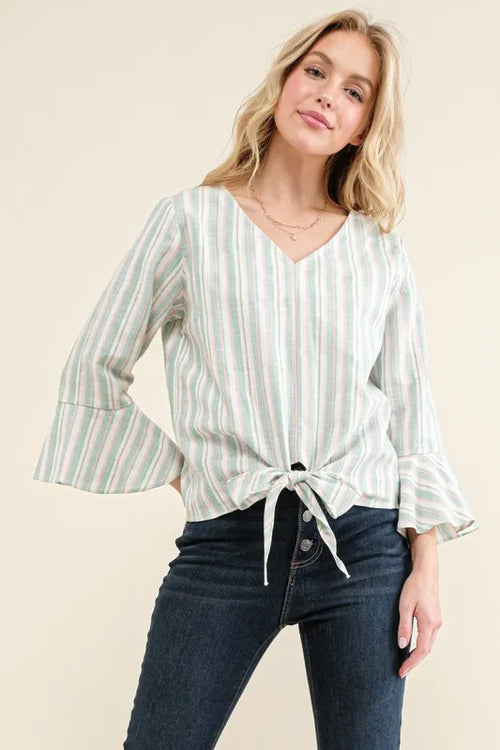 And The Why Stripe Tie Knot Front Bell Sleeve Top | Lola Mariee