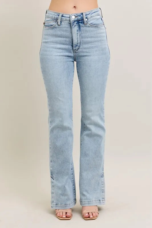 Judy Blue Full Size Tummy Control Vintage Wash Side Slit Slim Boot Jeans Plus Size - women's shoes at Lola Mariee boutique
