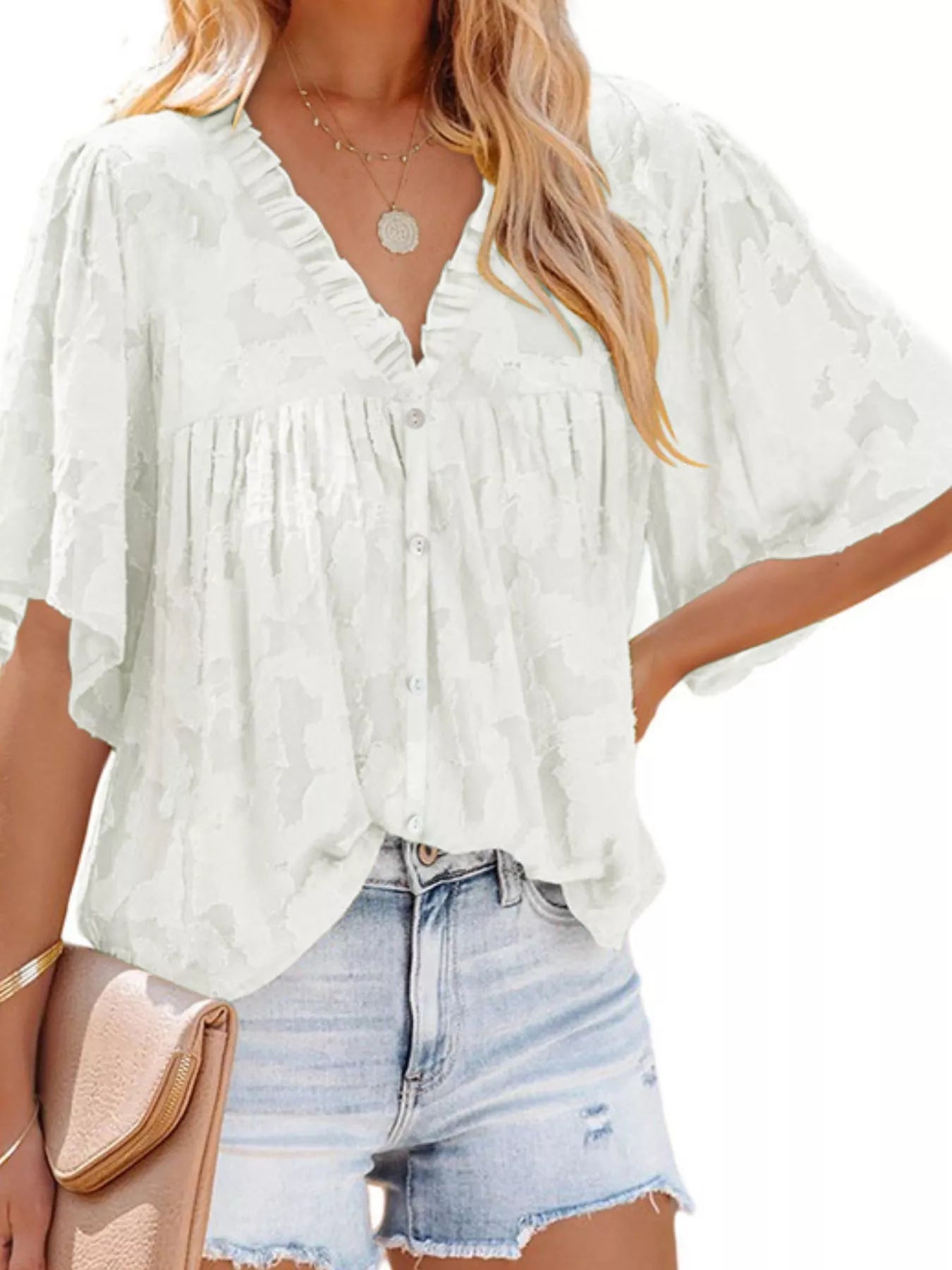 Full Size Textured V-Neck Button-Down Shirt Plus Size - Trendsi | Lola Mariee
