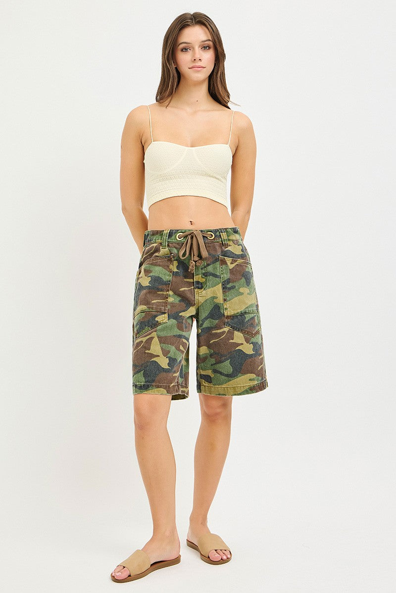 RISEN Camo Print Slouchy Jorts with Eyelet Drawstring - Trendsi | Lola Mariee