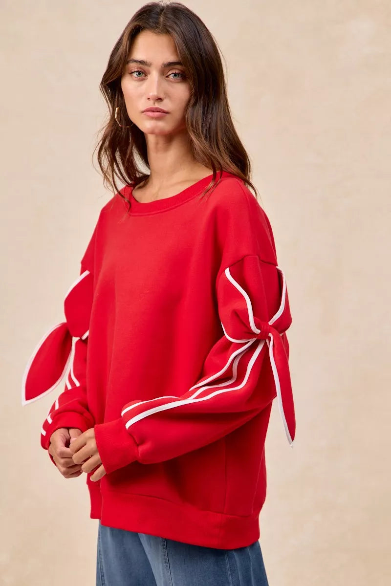 BiBi Bow Detail Sleeves Fleece Sweatshirt - Trendsi | Lola Mariee