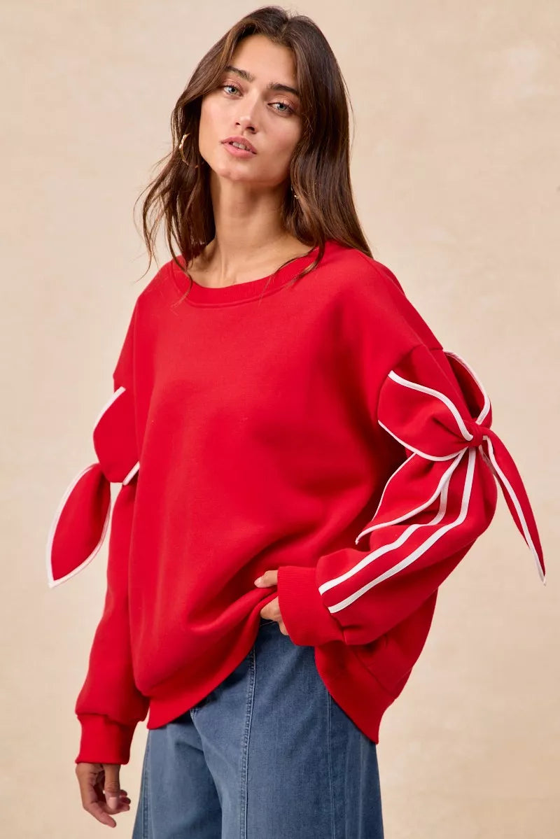 BiBi Bow Detail Sleeves Fleece Sweatshirt - Trendsi | Lola Mariee