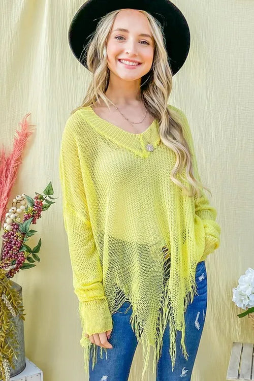 And The Why Distressed Mesh V Neck Spring Sweater Cover Up | Lola Mariee